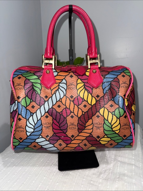 MCM Handbags - Preloved. Limited edition MCM Multicolor Rope-Print Leather Satchel - Pink Trim